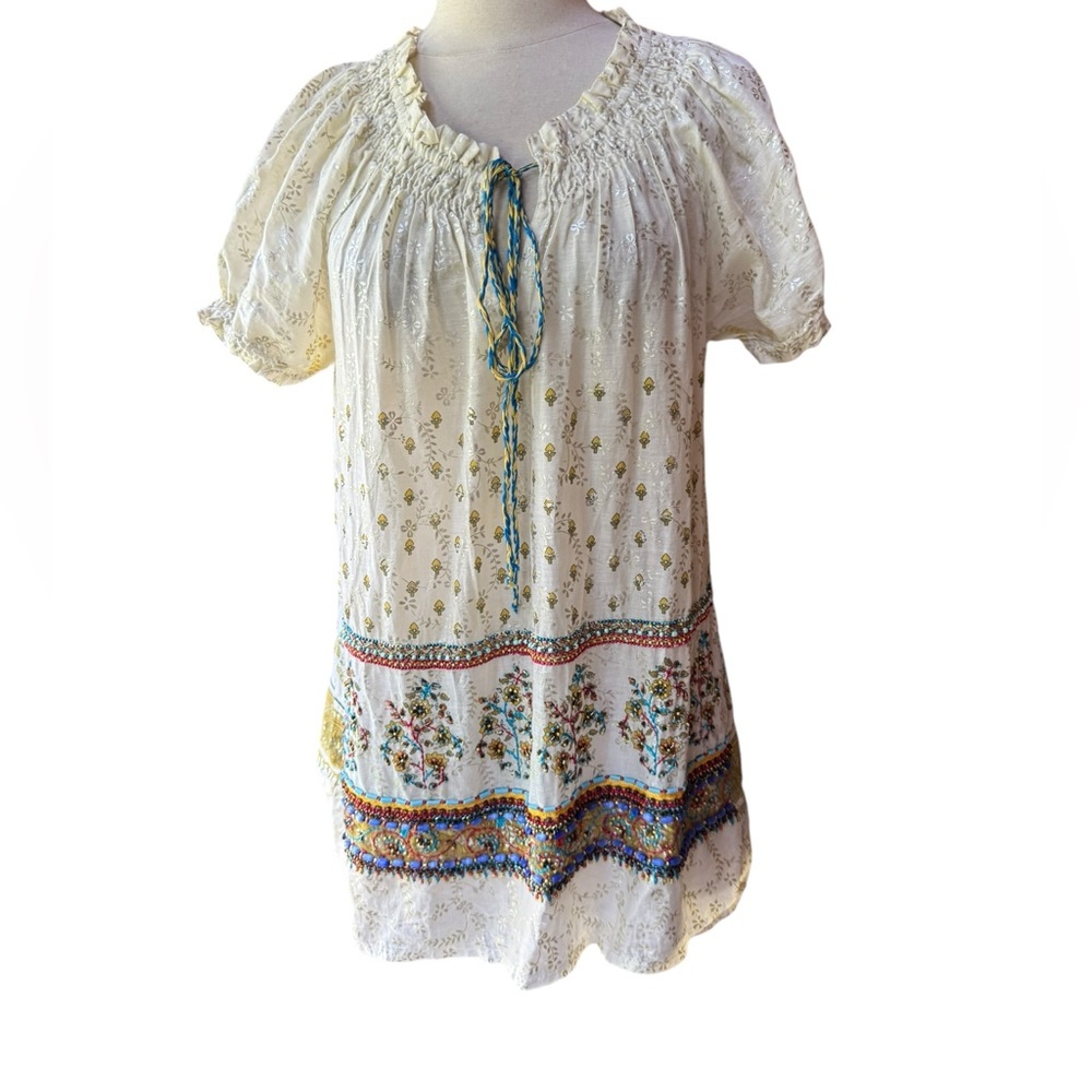 1990s Boston Proper 100% Cotton, Made in India, Front Beaded Border Boho Blouse
